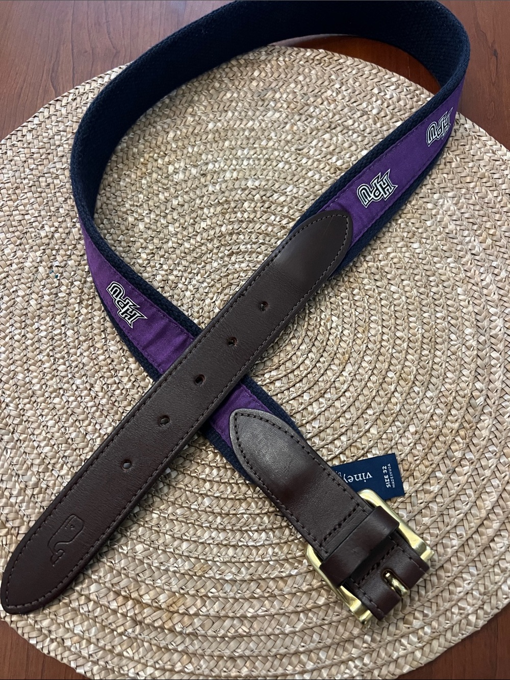 Vineyard Vines Purple Webbing Belt with Brown Leather Trim